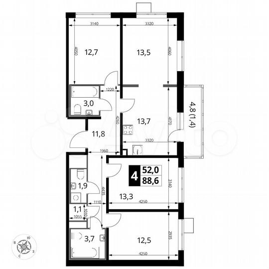 4-к. квартира, 88,6 м², 12/24 эт.