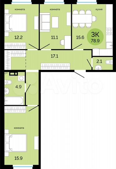3-к. квартира, 78,9 м², 4/17 эт.