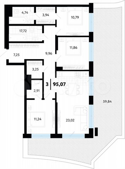 3-к. квартира, 95,1 м², 2/24 эт.