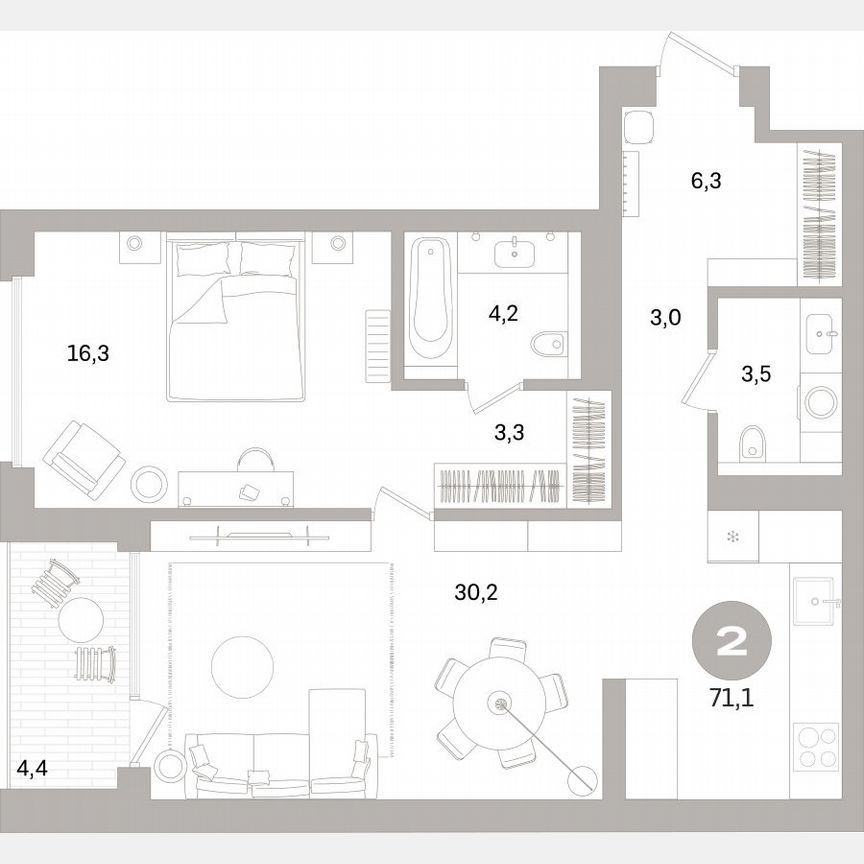 1-к. квартира, 69,8 м², 7/16 эт.