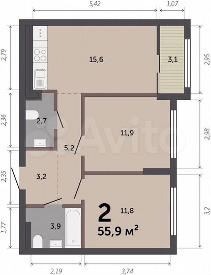 2-к. квартира, 56,1 м², 2/17 эт.