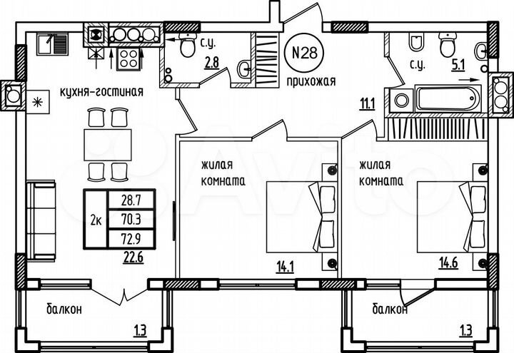 2-к. квартира, 72,9 м², 6/9 эт.