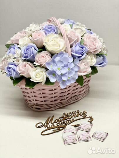 Соберу букет из мыльных цветов в корзине, коробке