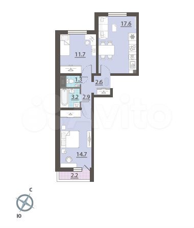 2-к. квартира, 55,1 м², 9/13 эт.