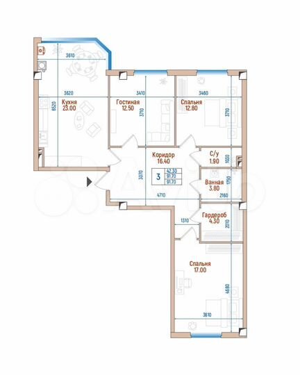 3-к. квартира, 91,7 м², 3/8 эт.