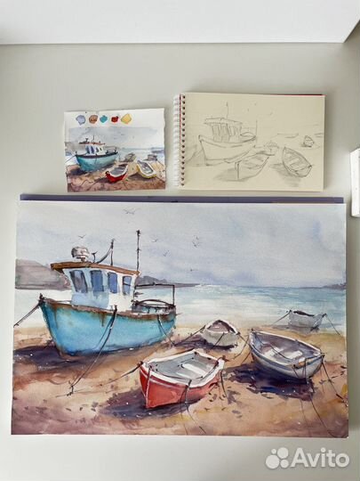 Картина для интерьера. Акварель. Лодки