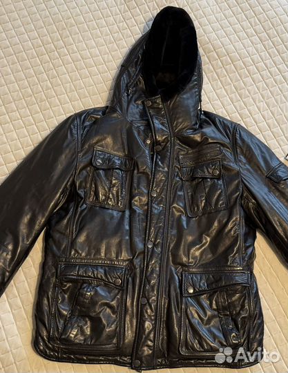 Зимняя курка мужская кожанный пуховик 52