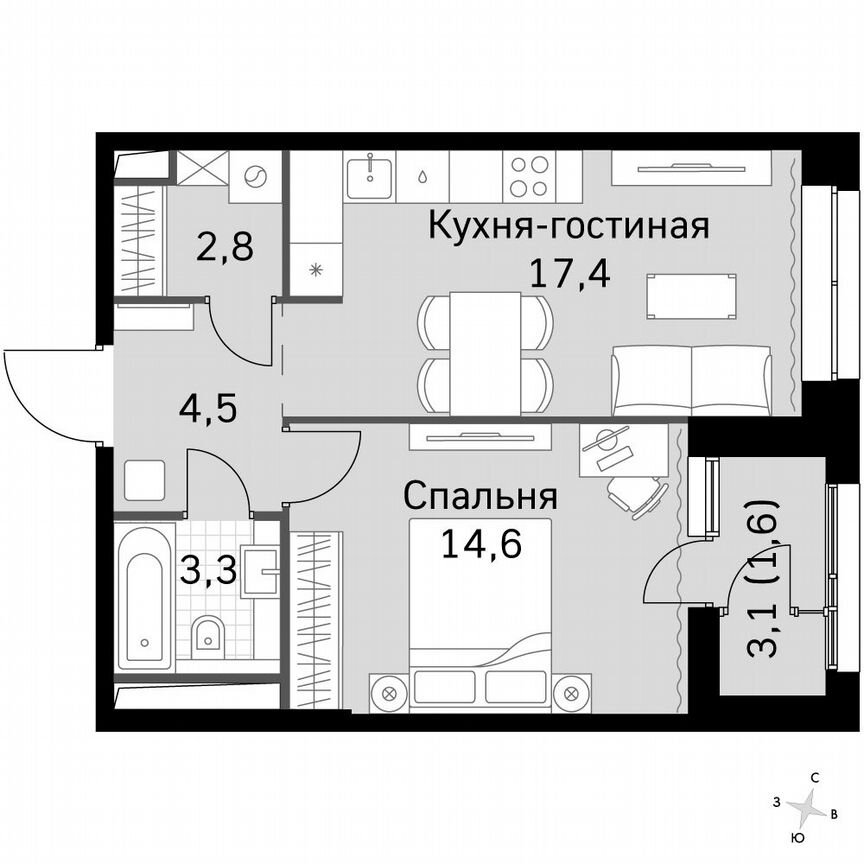 1-к. квартира, 44,3 м², 25/25 эт.