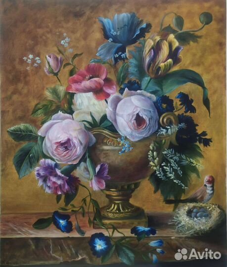 Картина маслом на холсте розы тюльпаны 60х50