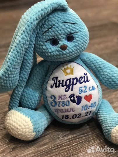 Плюшевый заяц с метрикой на заказ