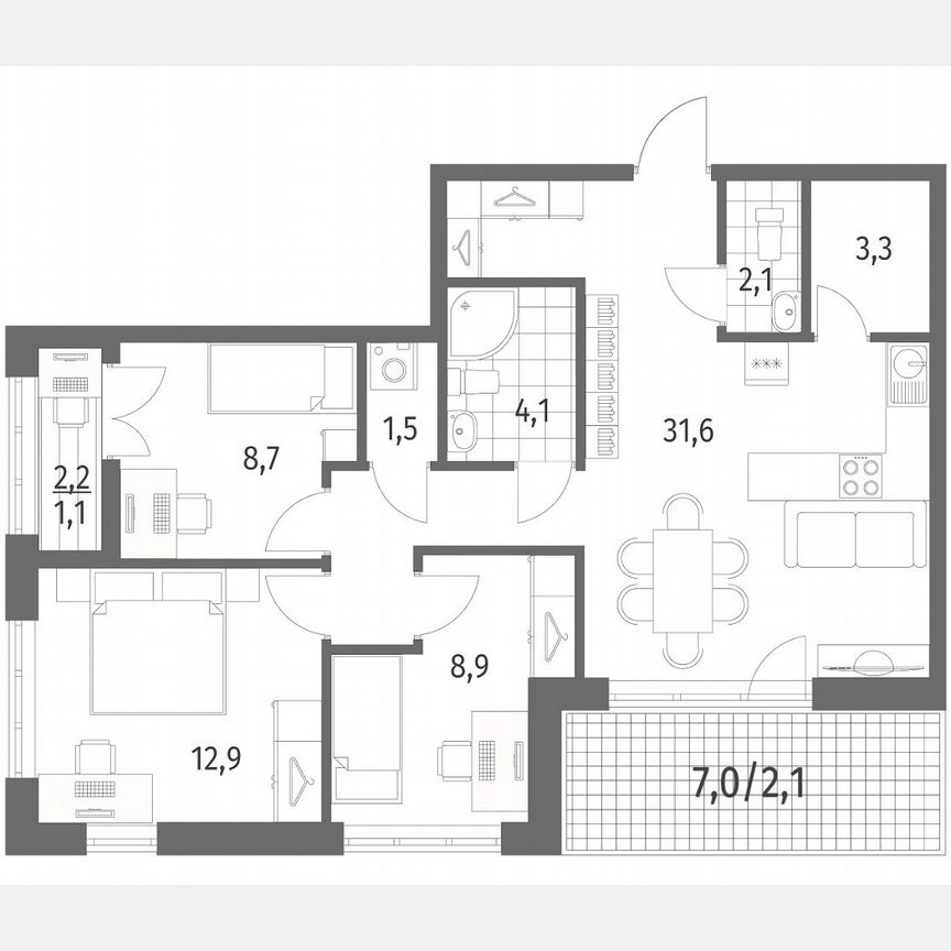 3-к. квартира, 76,3 м², 2/7 эт.