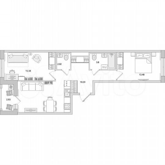 2-к. квартира, 60,1 м², 13/17 эт.