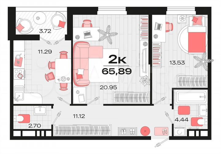 2-к. квартира, 65,2 м², 11/14 эт.