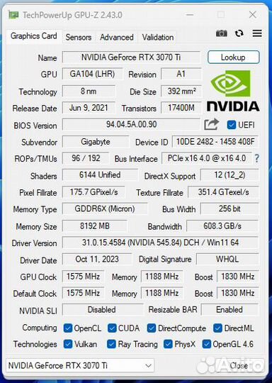 Видеокарта Gigabyte Nvidia Geforce RTX 3070 Ti