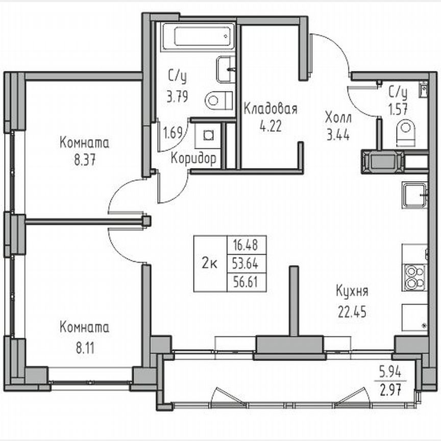 2-к. квартира, 56,6 м², 18/23 эт.