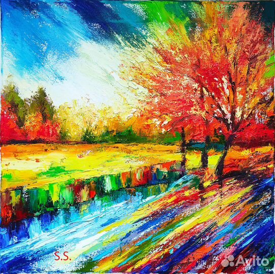 Картина маслом на холсте большая осенний пейзаж
