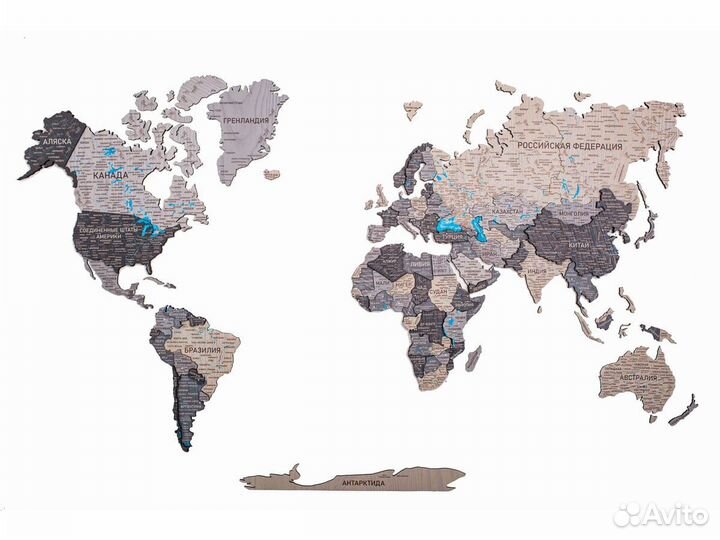 Деревянная карта мира 3D настенная, Октябрьский