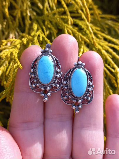 Серебряные серьги СССР, бирюза, винтаж