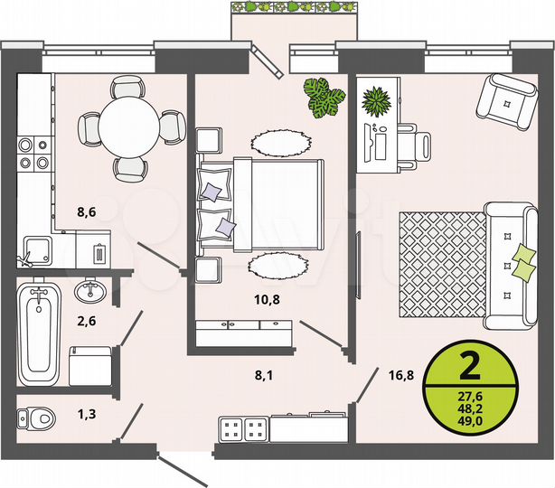 2-к. квартира, 48,2 м², 3/3 эт.