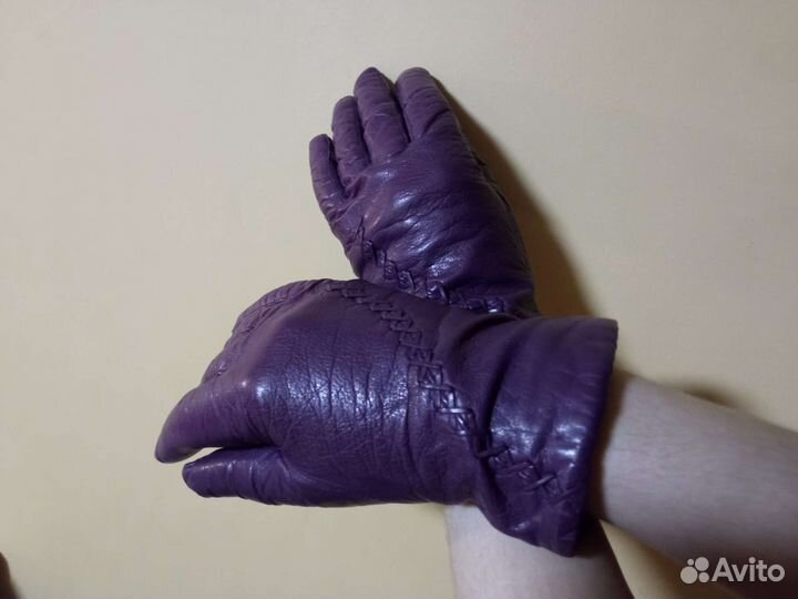 Перчатки кожаные женские, цвет баклажан
