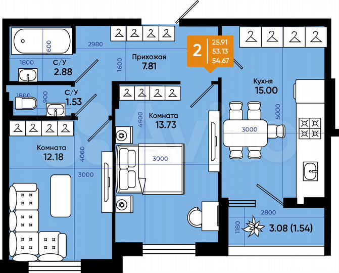 2-к. квартира, 54,7 м², 4/9 эт.
