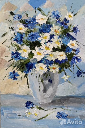 Картина маслом васильки ромашки