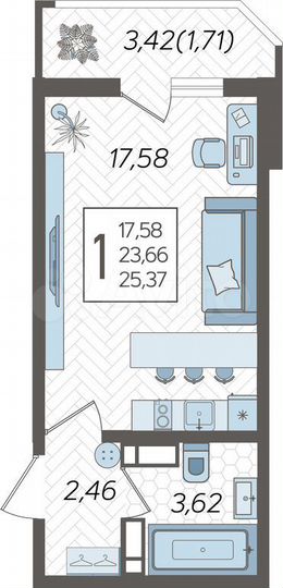Квартира-студия, 25,4 м², 21/25 эт.
