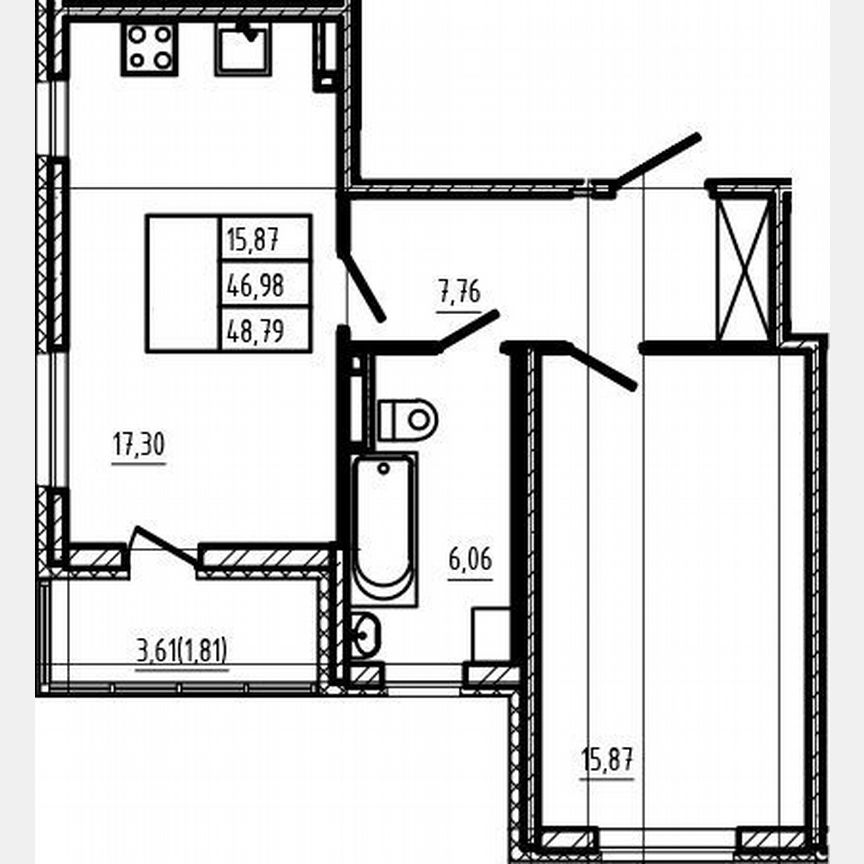 2-к. квартира, 47 м², 3/4 эт.