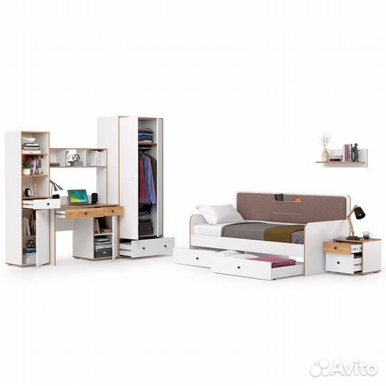 Полный комплект мебели для молодёжной комнаты Вуди № 35, цвет белый премиум/дуб крафт золотой/саванн