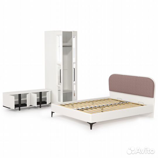 Мебель в спальню Валенсия № 26 кровать 1600 с мягкой спинкой и тв-тумба, цвет белый шагрень/чёрный