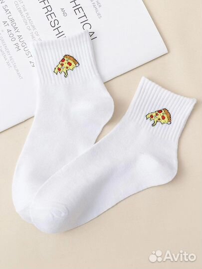 Носки с пиццей и мишкой средней длины, 2 пары