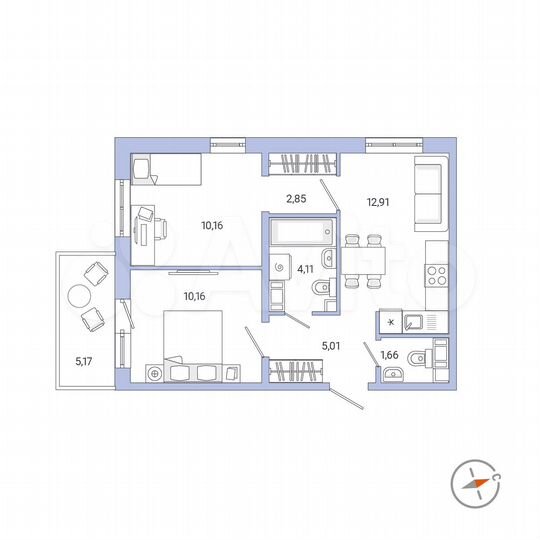 2-к. квартира, 48,4 м², 1/9 эт.