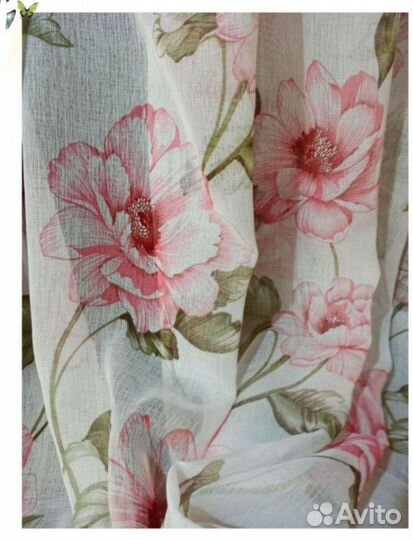 Тюль лён батист цветы розовый