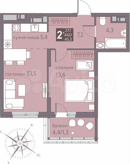 2-к. квартира, 45,3 м², 13/16 эт.