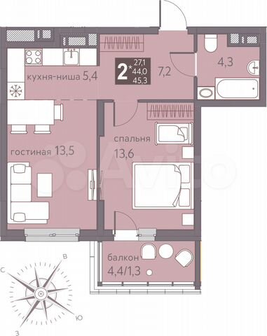 2-к. квартира, 45,3 м², 13/16 эт.
