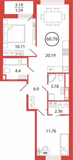 2-к. квартира, 60,8 м², 4/12 эт.