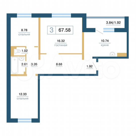 3-к. квартира, 67,6 м², 16/17 эт.