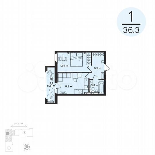 1-к. квартира, 36,3 м², 4/12 эт.