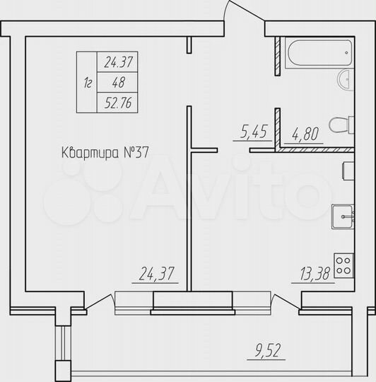 1-к. квартира, 52,8 м², 2/5 эт.