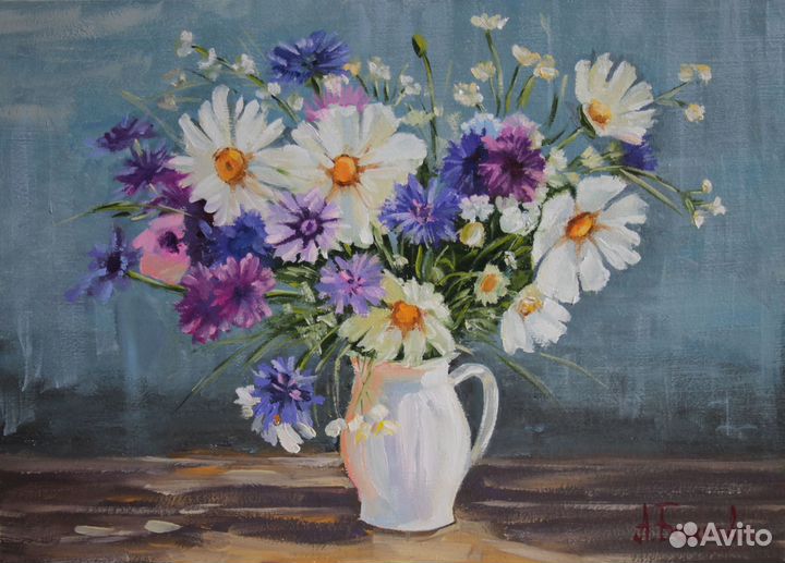 Картина маслом Полевой букет 35х25 двп