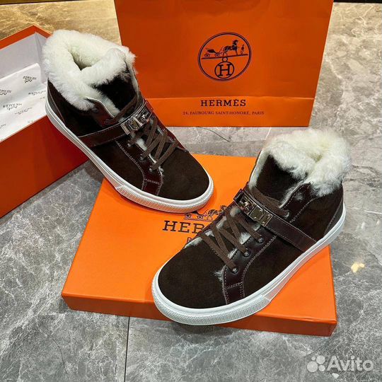 Кроссовки мужские зимние Hermes brown suede