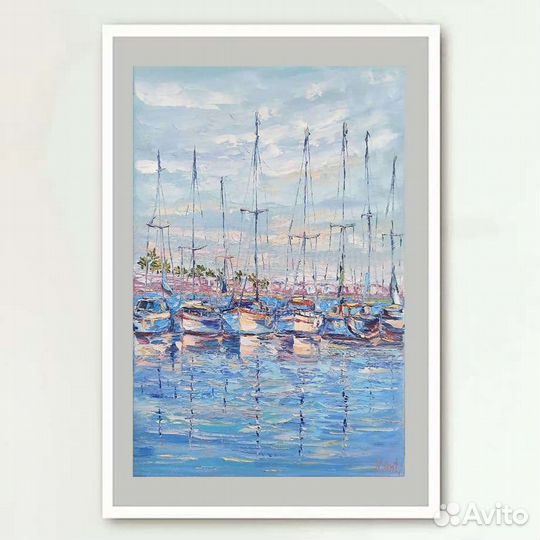 Картина маслом лодки пейзаж море 50х35 см