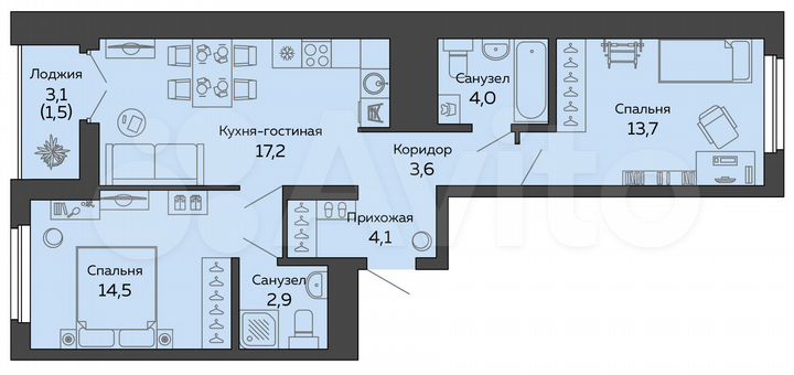2-к. квартира, 61,6 м², 21/25 эт.