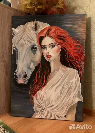 Картина с девушкой и лошадью интерьерная