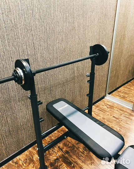 Скамья со стойками Torneo + гриф + блины