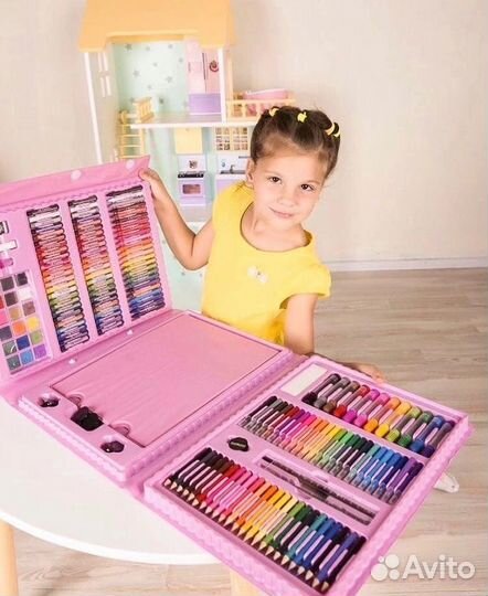 Набор для рисования 208 предметов, синий и розовый