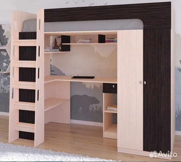 Кровать чердак со столом и шкафом Дуб Молочный/Роз