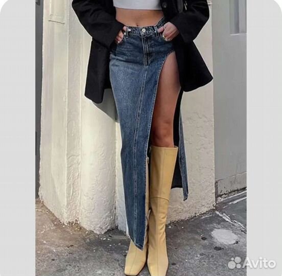 Джинсовая юбка длинная с разрезом