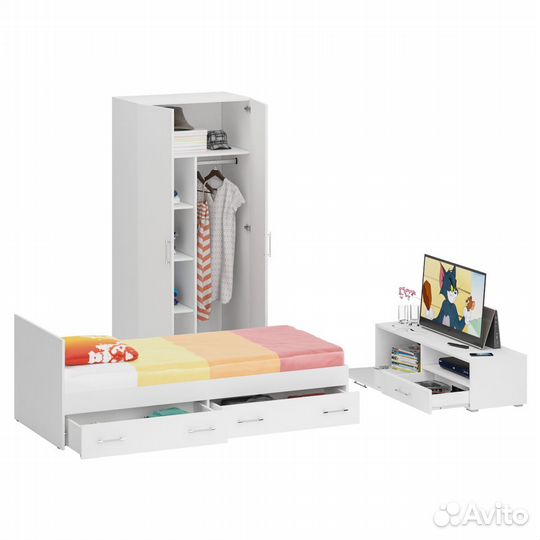 Спальня белая Стандарт № 3 Стандарт с кроватью 900 с ящиками, цвет белый, спальное место 900х2000 мм