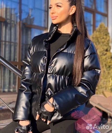Куртка кожаная пуховик эко кожа черная